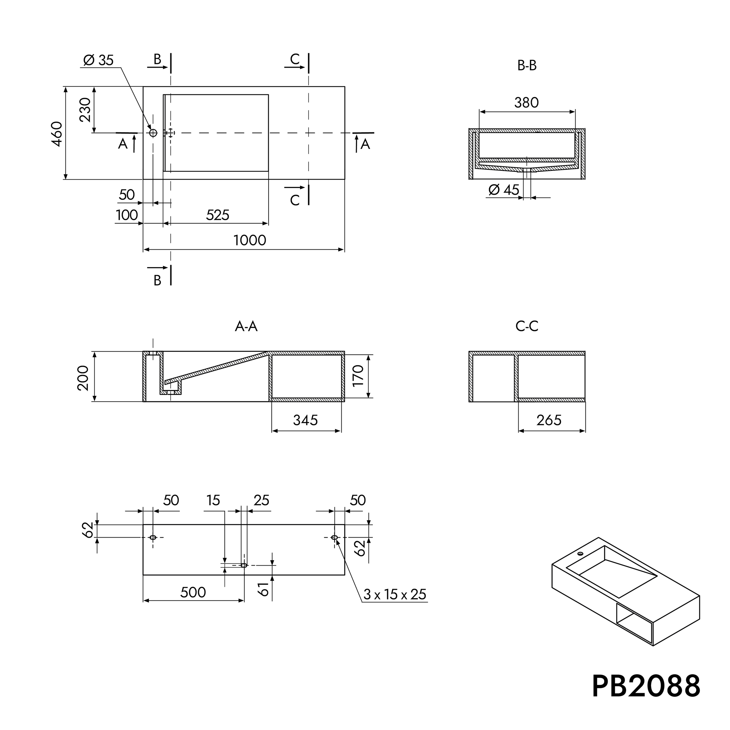 Umywalka ścienna PB2088 z odlewu mineralnego