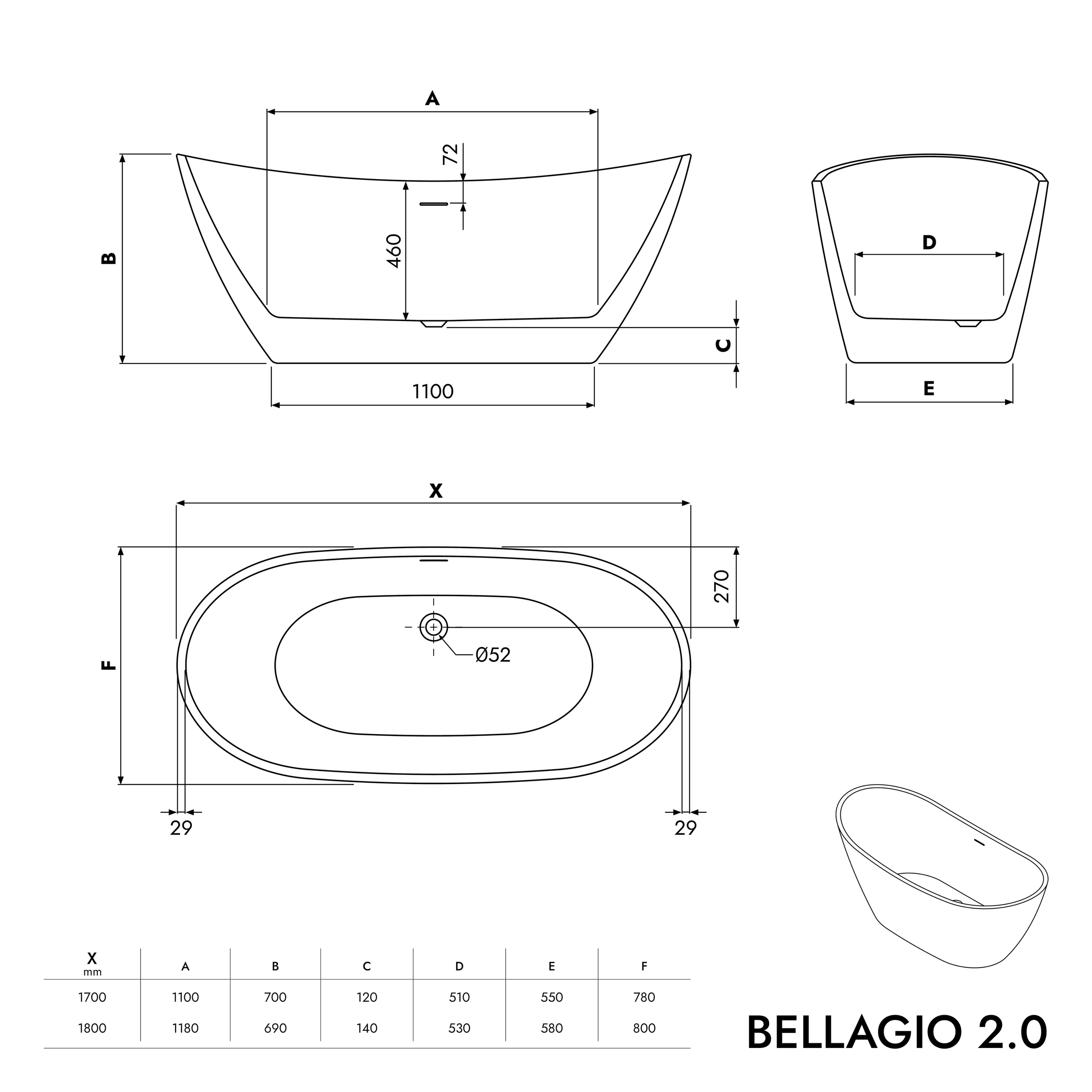 Wanna wolnostojąca BELLAGIO 2.0 akrylowa
