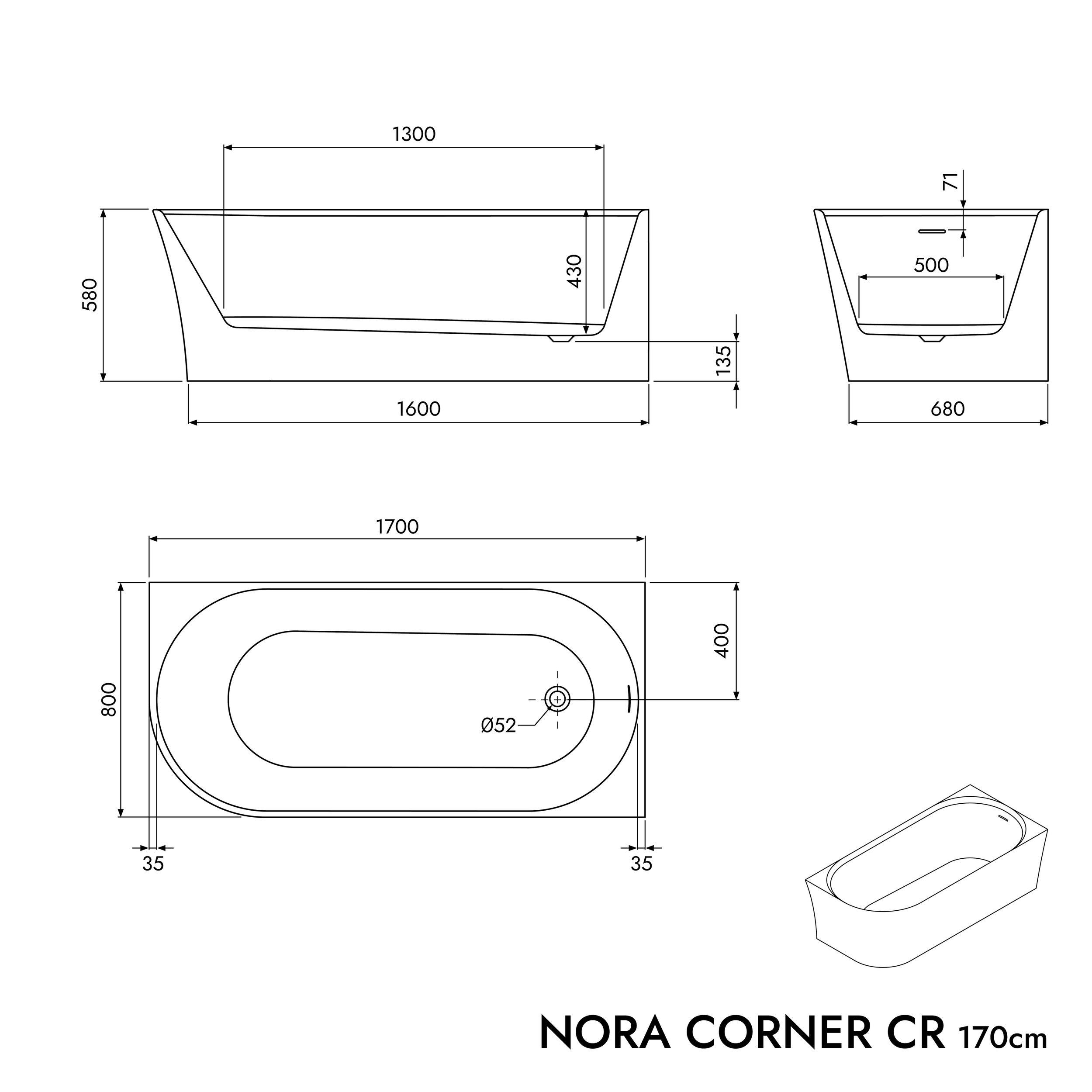 Wanna wolnostojąca przyścienna oszczędzająca miejsce NORA CORNER