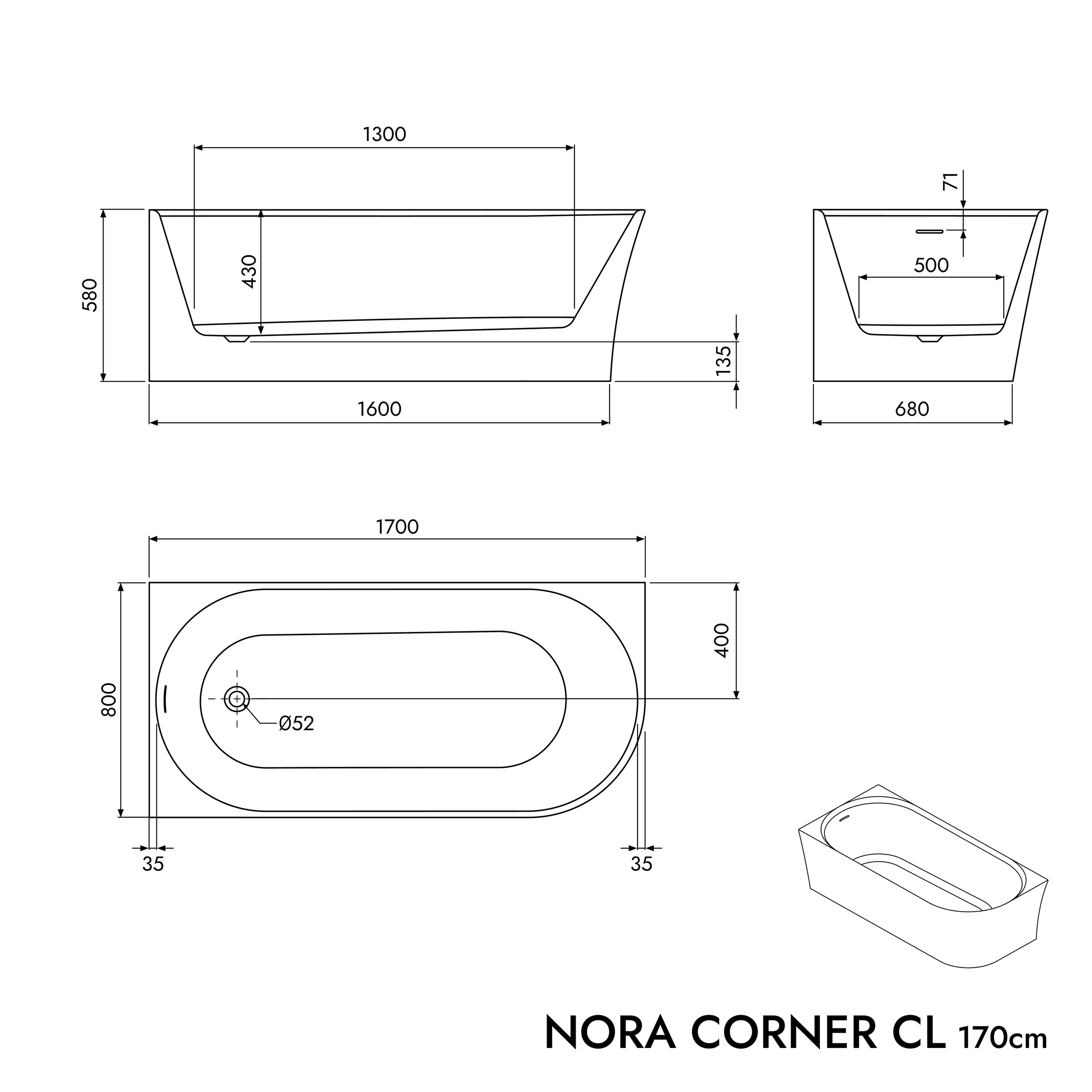 Wanna wolnostojąca przyścienna oszczędzająca miejsce NORA CORNER