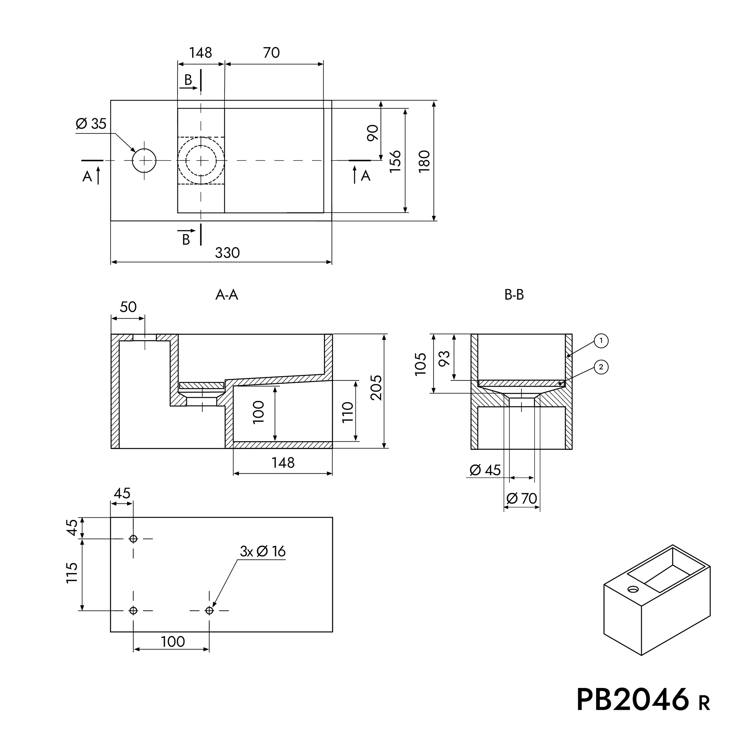Umywalka wisząca z półką po prawej stronie PB2046 odlew mineralny - 33 x 18 x 20,5 cm - biały mat