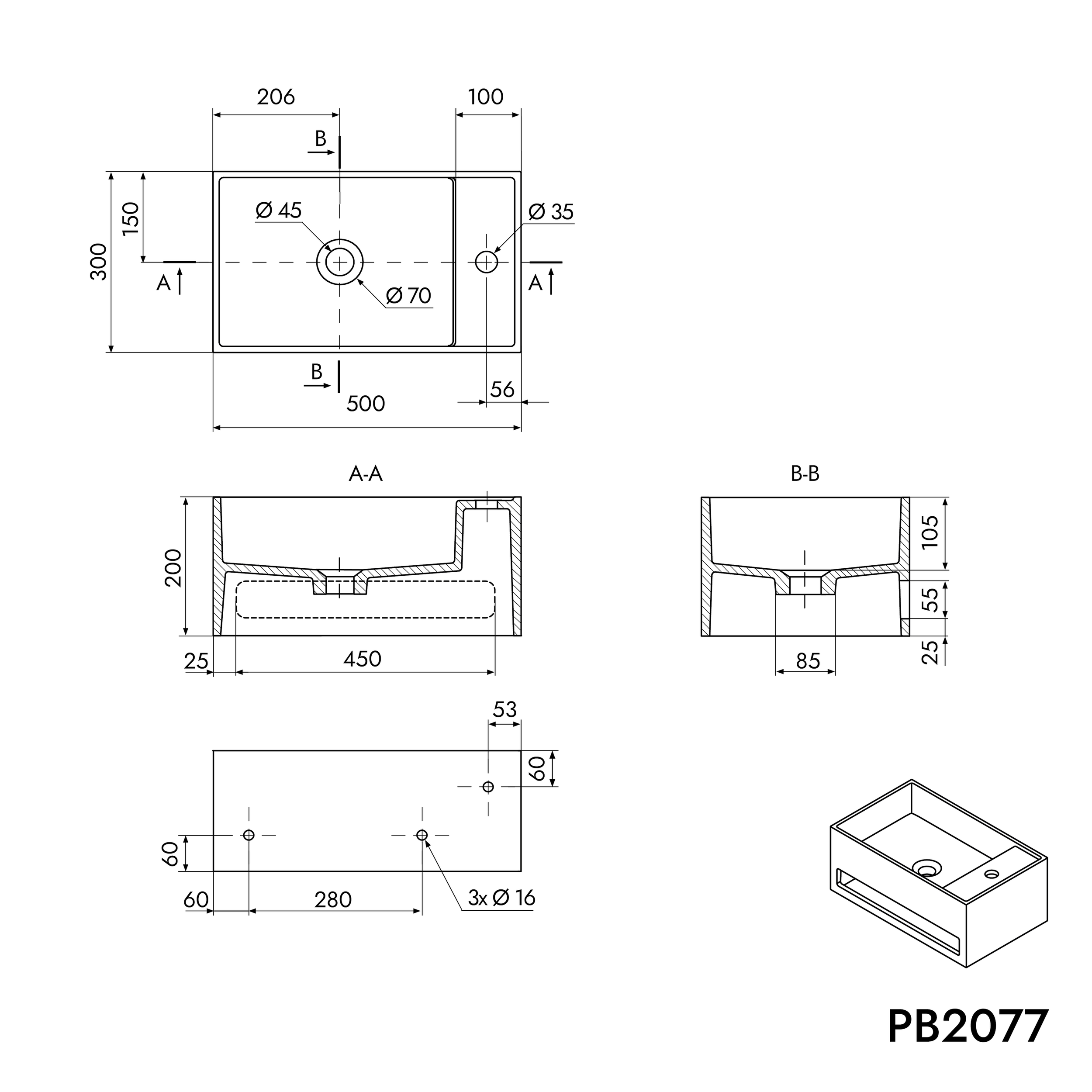 Umywalka ścienna z odlewu mineralnego PB2077