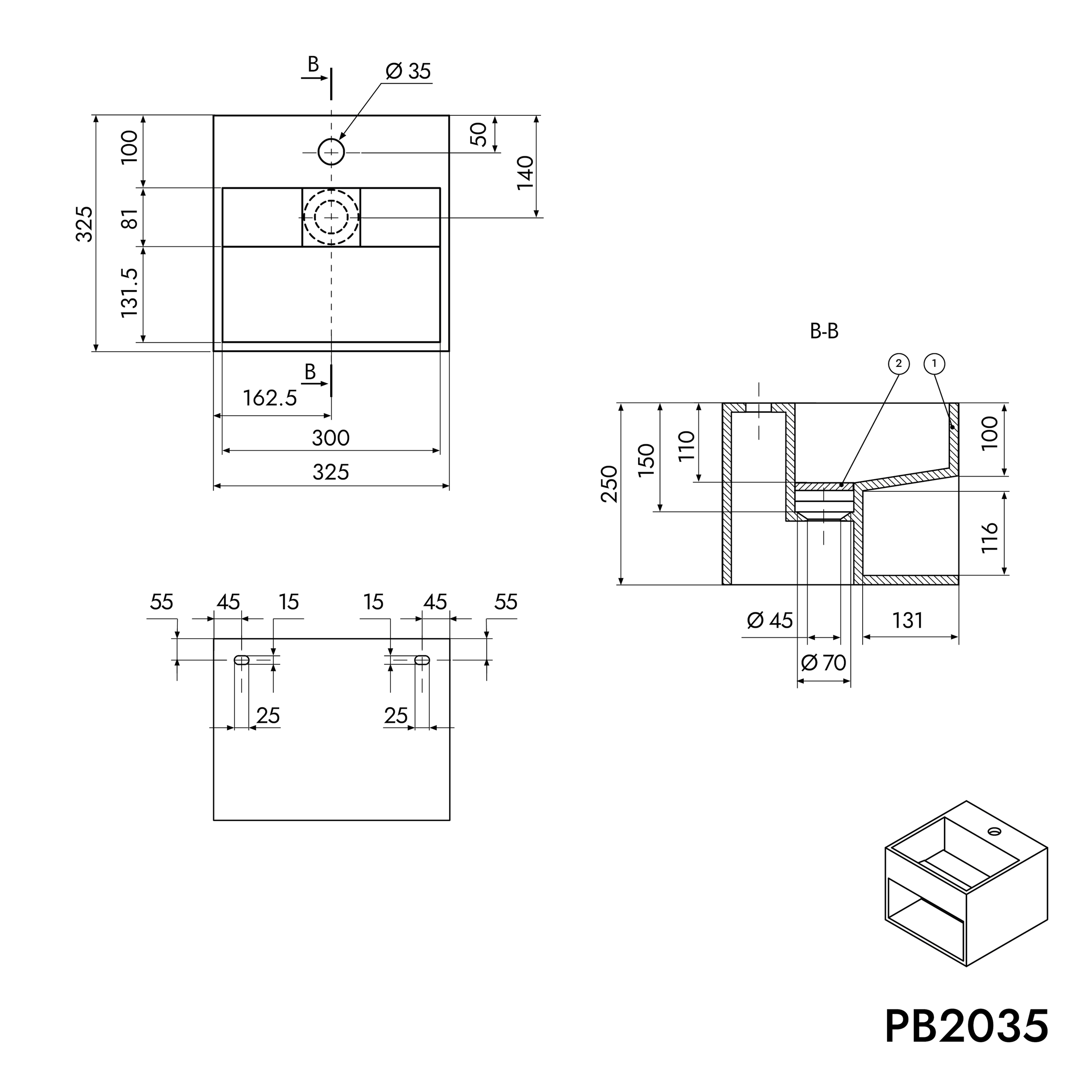 Umywalka ścienna PB2035 z odlewu mineralnego