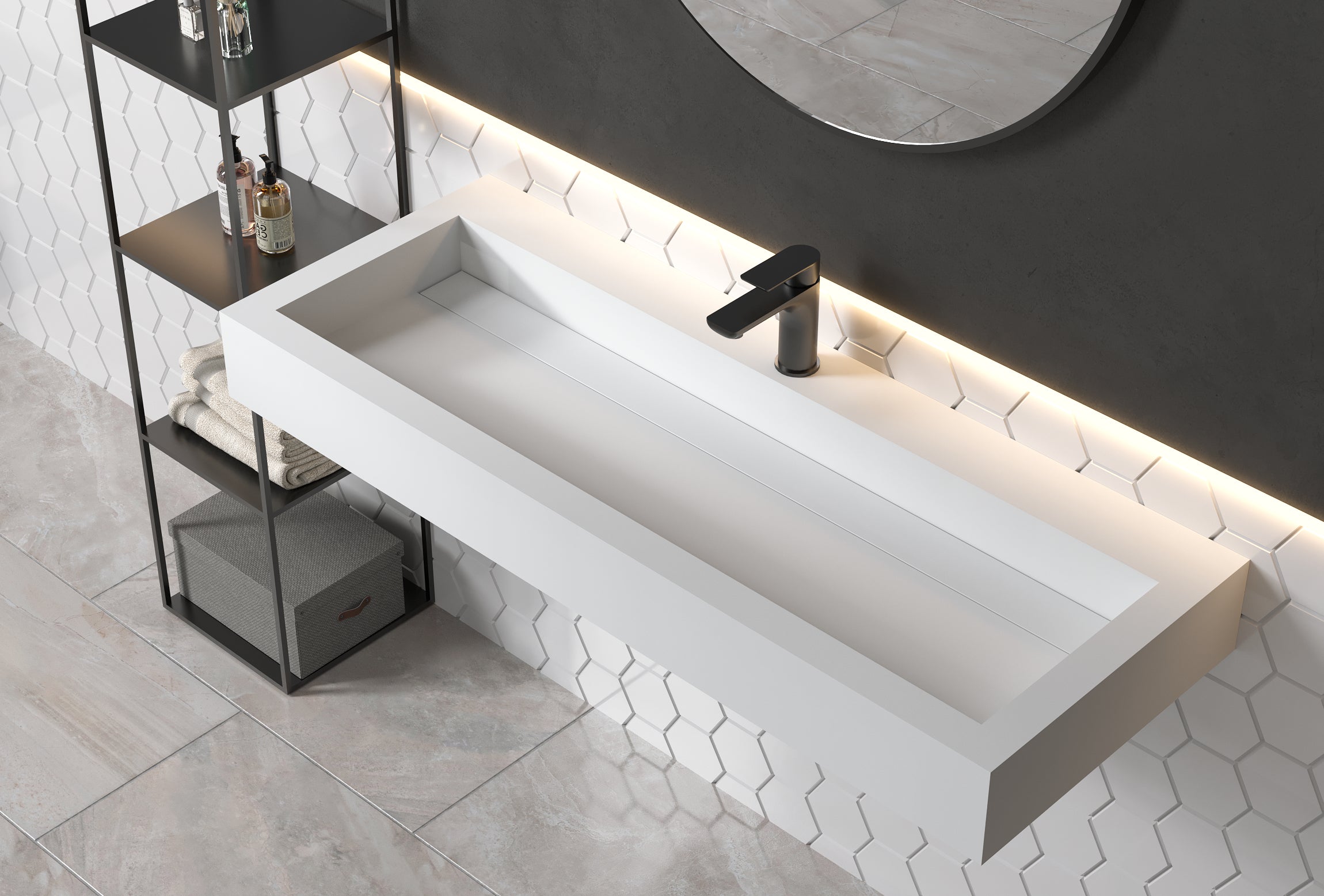 Umywalka nablatowa / ścienna PB2079 odlew mineralny Solid Stone – 120 x 46 x 13 cm – bały mat