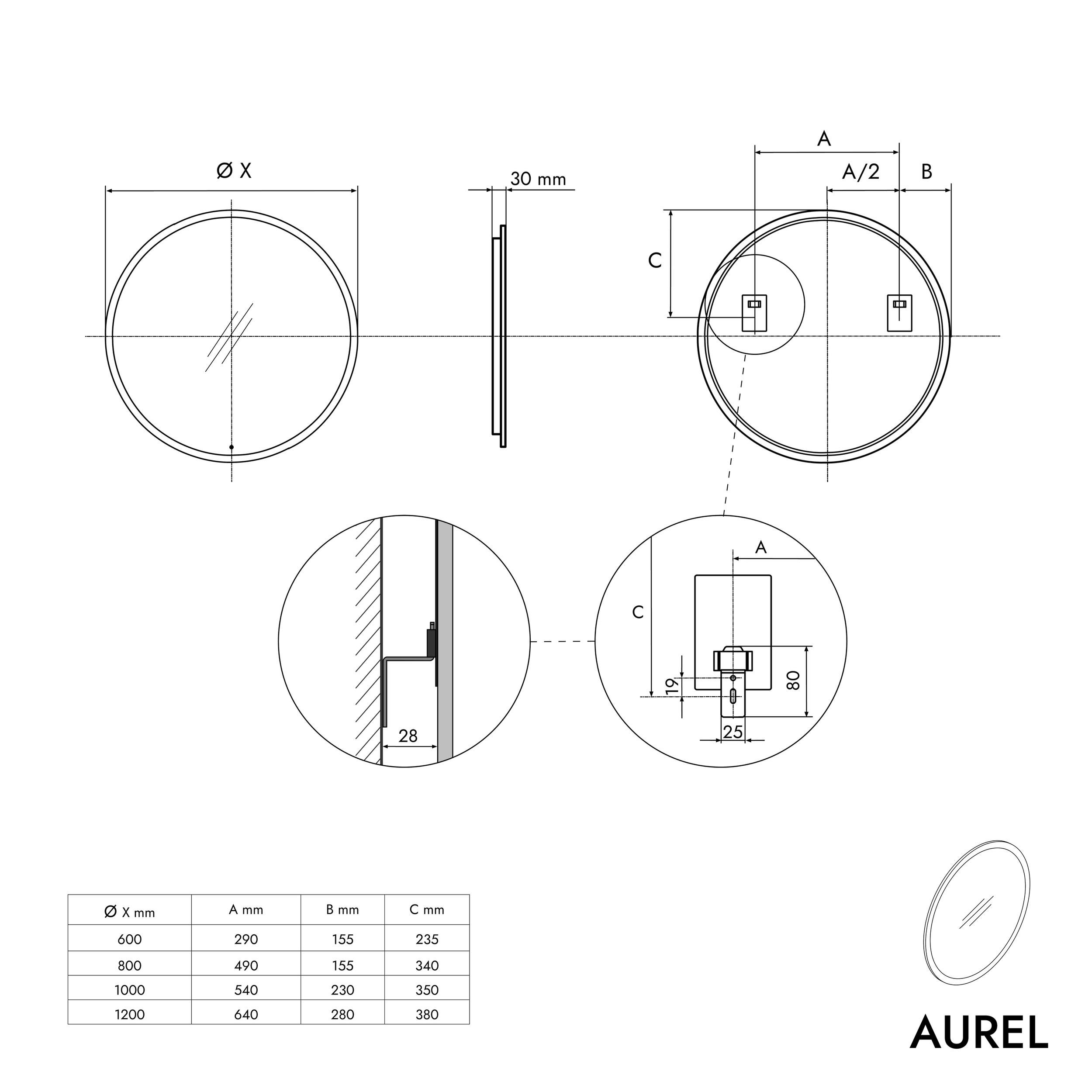 Okrągłe lustro łazienkowe LED AUREL