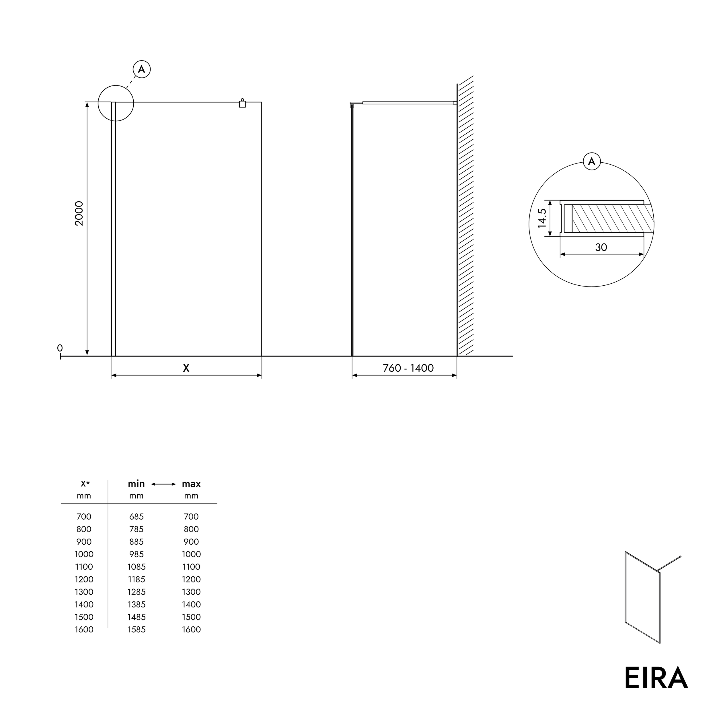 Ścianka prysznicowa Walk-In EIRA szkło mleczne 8 mm lub 10 mm