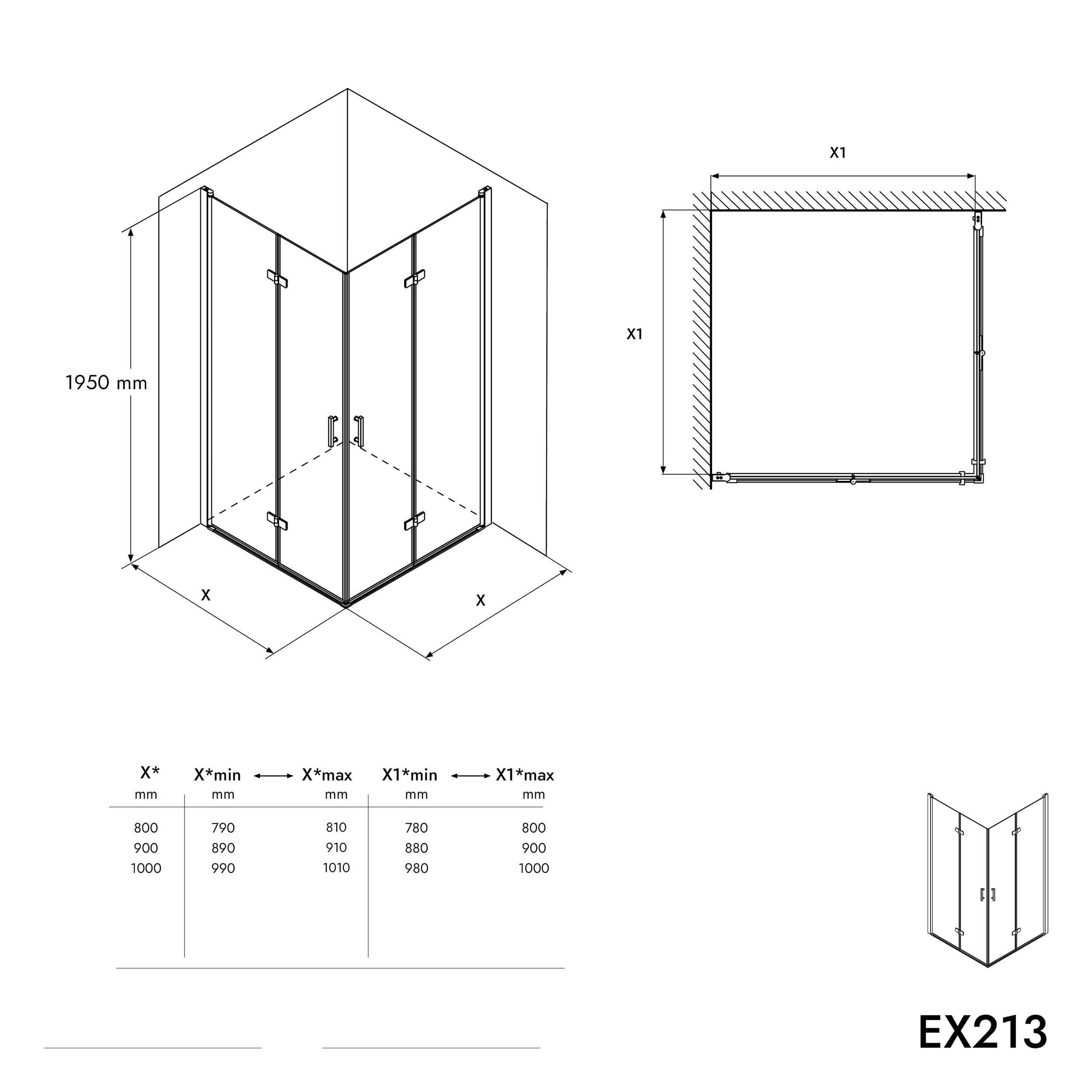 Kabina prysznicowa narożna EX213 drzwi składane - szkło 8mm powłoka Nano - 90 x 90 x 195 cm