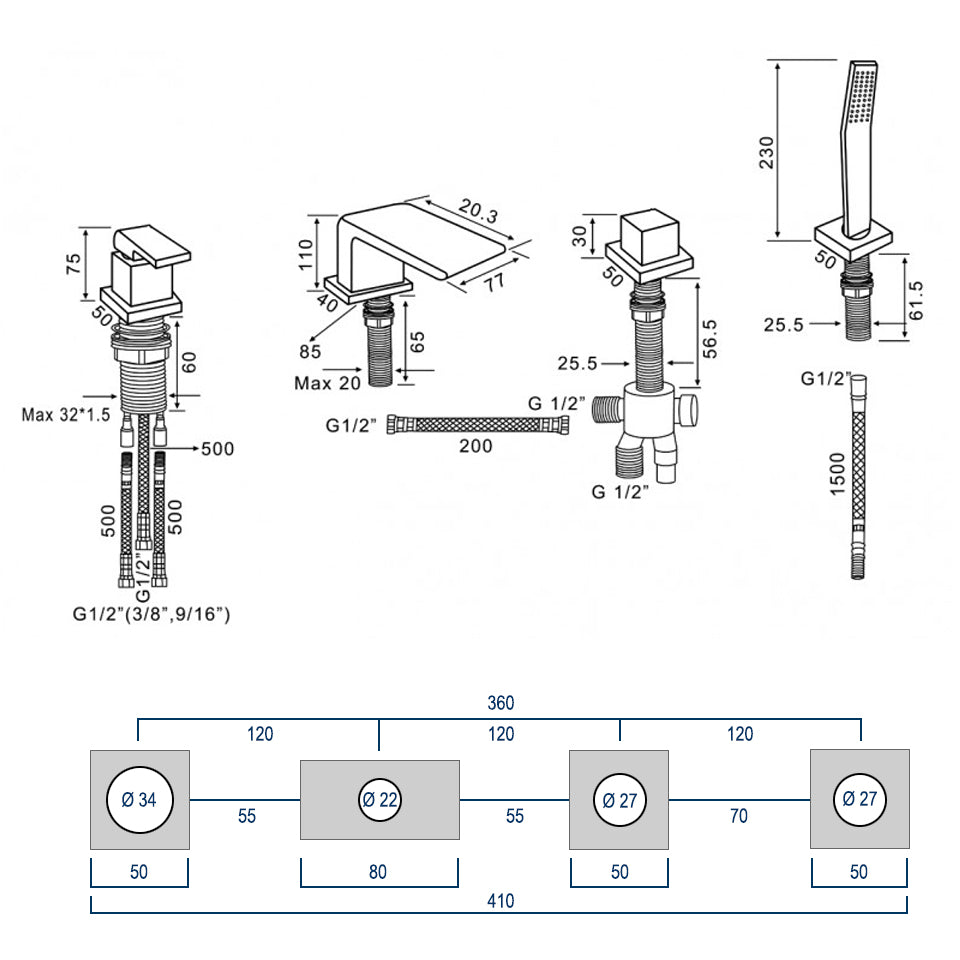 Designerska bateria wannowa z mieszaczem 6080