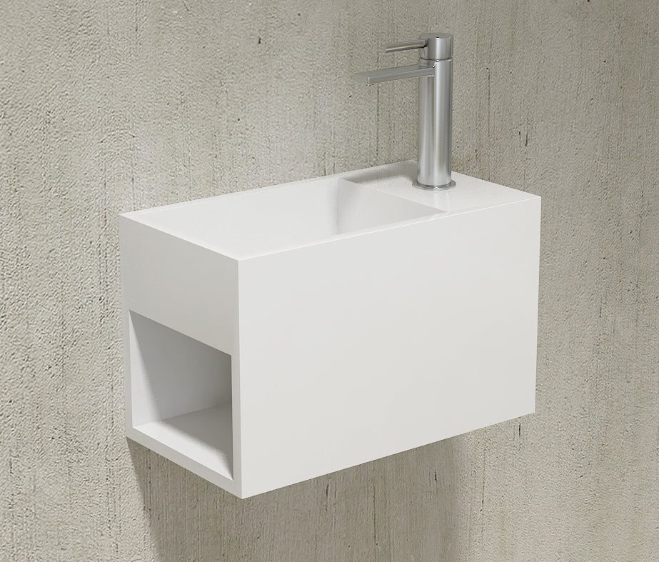 Umywalka wisząca z półką po lewej stronie PB2046 odlew mineralny - 33 x 18 x 20,5 cm - biały mat