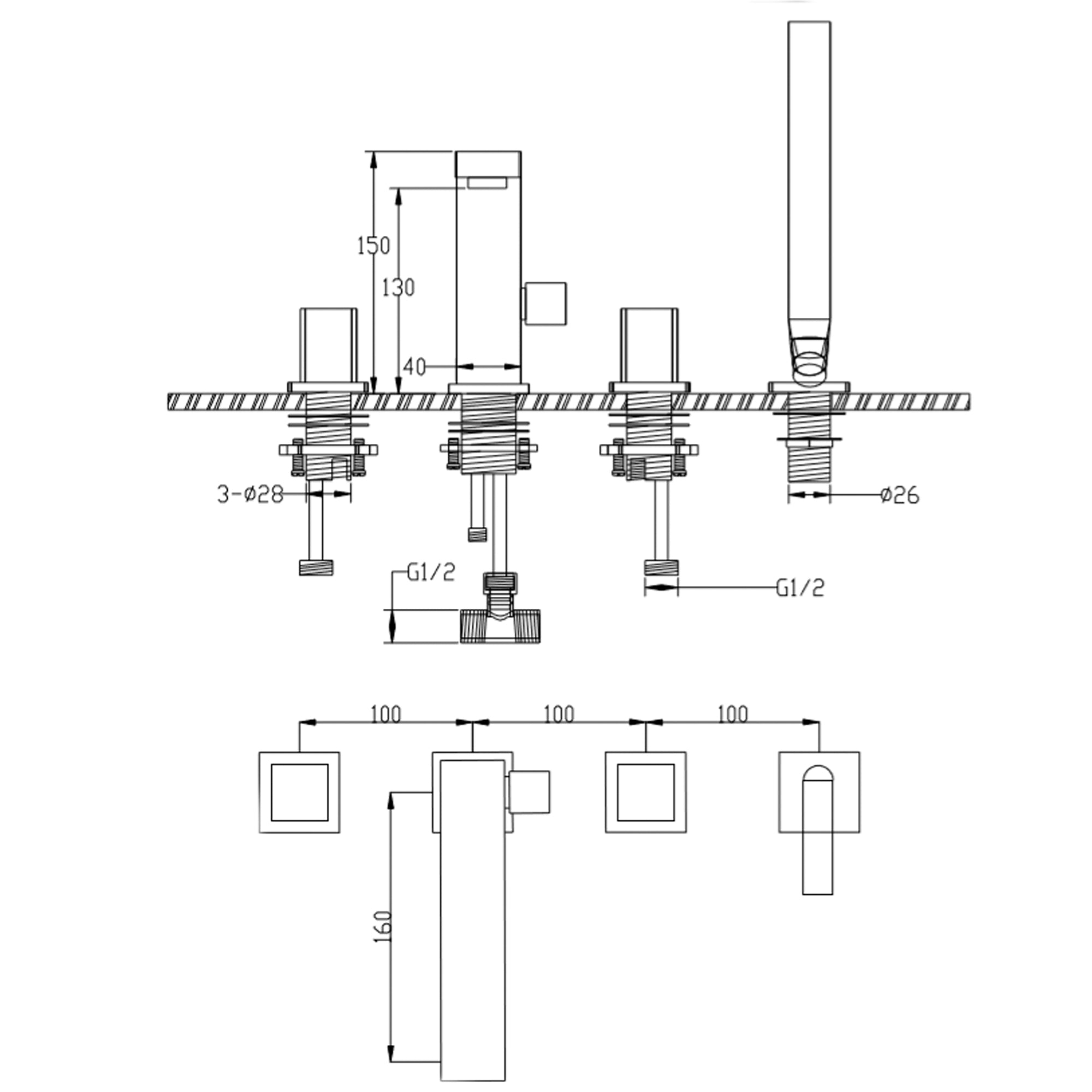 Bateria wannowa 4-otworowa 6081B dwuuchwytowa czarna